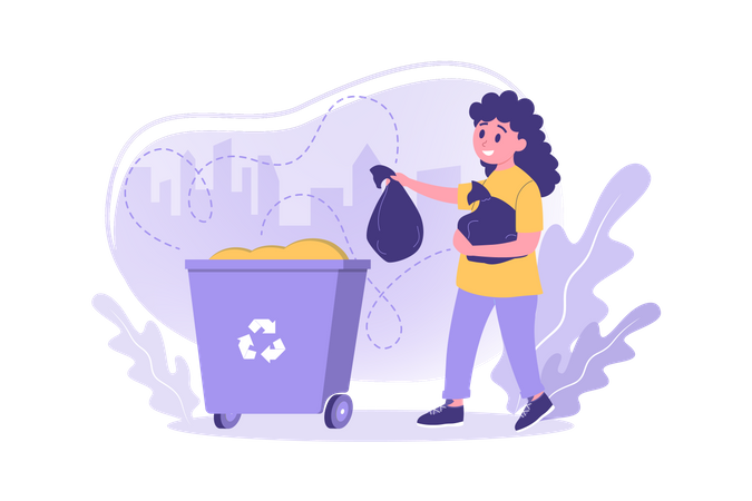 Menina jogando lixo na lixeira  Ilustração