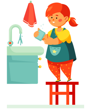 Menina lavando as mãos  Ilustração