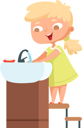 Menina lavando as mãos na pia  Ilustração