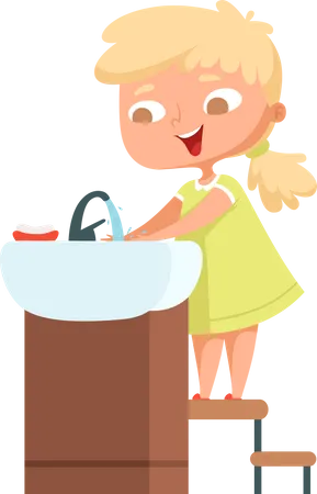 Menina lavando as mãos na pia  Ilustração