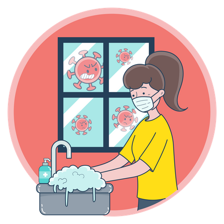 Menina lavando as mãos para evitar a propagação cobiçosa  Illustration