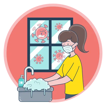 Uma Jovem Usando Mascara E Lavando As Maos Para Prevenir Germes Ilustração