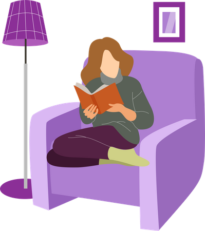 Menina lendo livro na cadeira  Ilustração