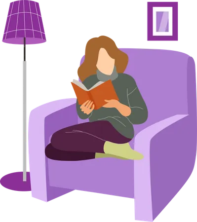 Mulheres Em Casa Lendo Romance Ou Livro Sobre Seus Momentos De Lazer Na Sala De Estar Sentadas Em Uma Poltrona Ilustração