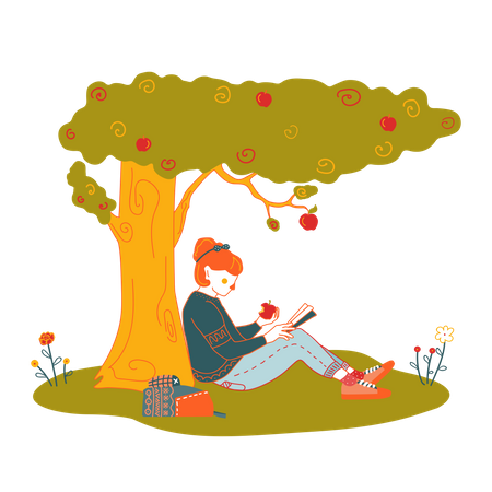Menina lendo livro no parque  Ilustração