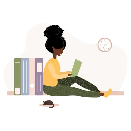 Menina lendo livro para preparação para exame  Ilustração