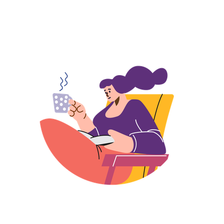 Menina lendo e tomando café confortavelmente  Ilustração