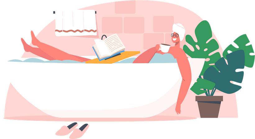 Menina lendo enquanto toma banho na banheira  Ilustração