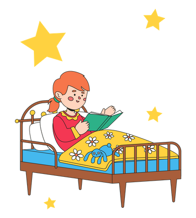 Menina lendo história para dormir  Ilustração