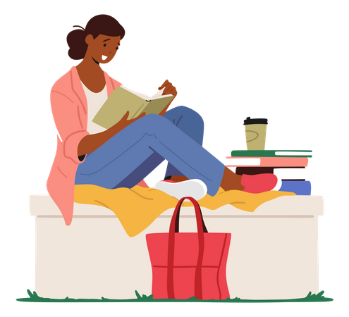 Menina lendo livro enquanto está sentado em um banco do parque  Ilustração