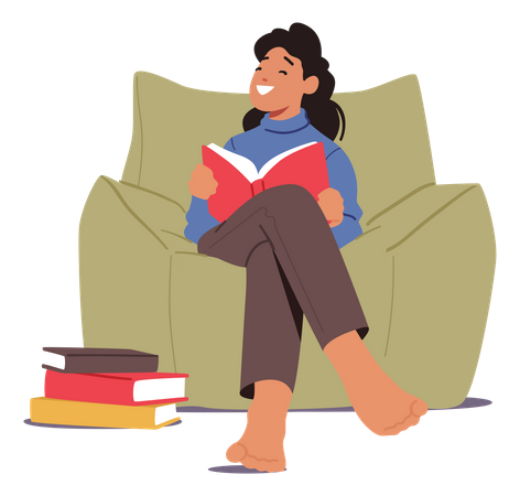 Menina lendo livro enquanto está sentado no sofá  Ilustração