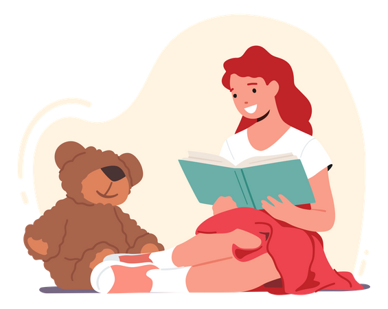 Menina lendo livro enquanto está sentada com ursinho de pelúcia  Ilustração