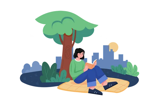 Menina lendo livro enquanto está sentado debaixo da árvore  Ilustração