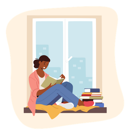 Menina lendo livro enquanto está sentado perto da janela  Ilustração