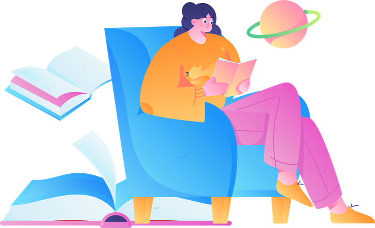 Menina lendo livro espacial no sofá  Ilustração