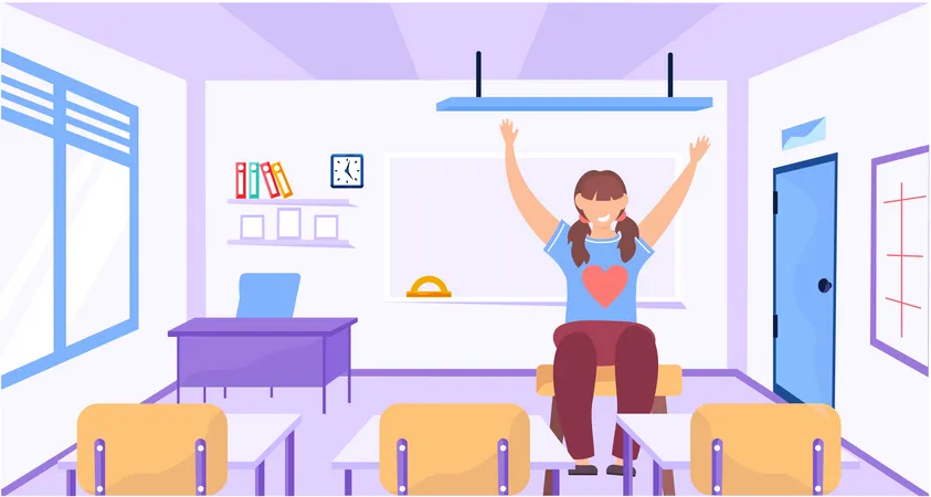 Menina levanta a mão sentada em sala de aula vazia  Ilustração