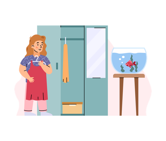 Menina limpa o quarto e pendura roupas  Ilustração