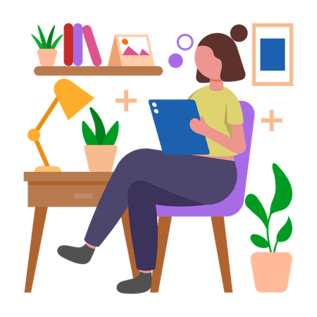 Menina se mantém produtiva usando tablet  Ilustração