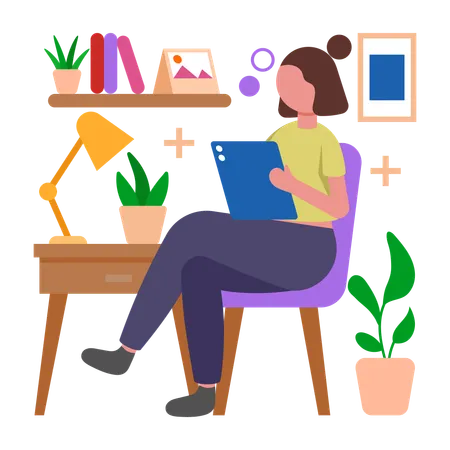Menina se mantém produtiva usando tablet  Ilustração