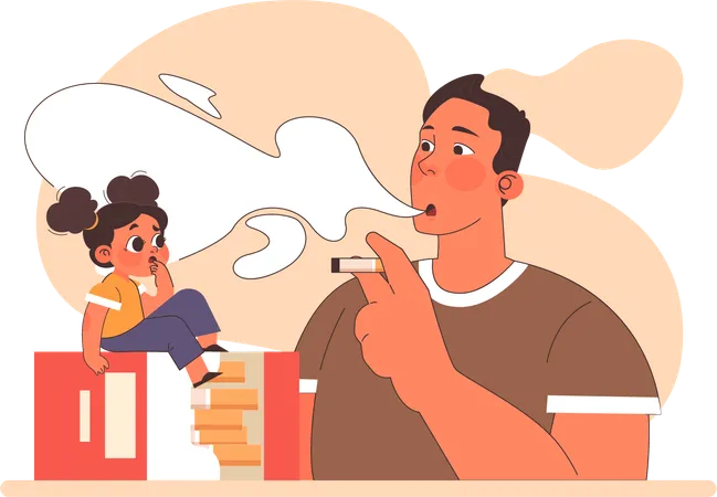 Menina espantada devido ao pai fumar  Ilustração