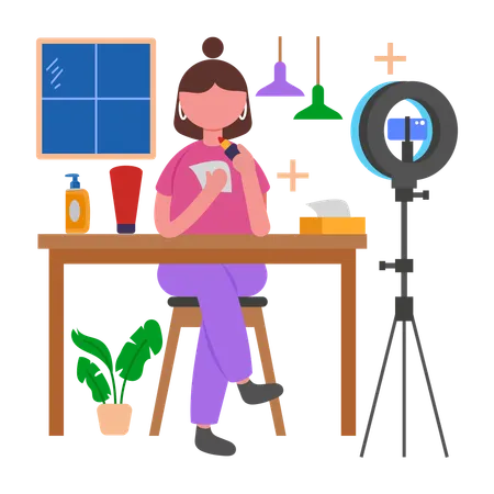 Menina realça a iluminação com anel de luz  Ilustração