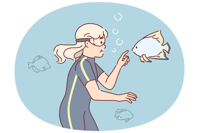 Menina mergulhadora nada no lago entre peixes explorando o mundo subaquático durante viagem de verão  Ilustração