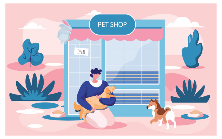 Menina mimando cachorro perto de pet shop  Ilustração
