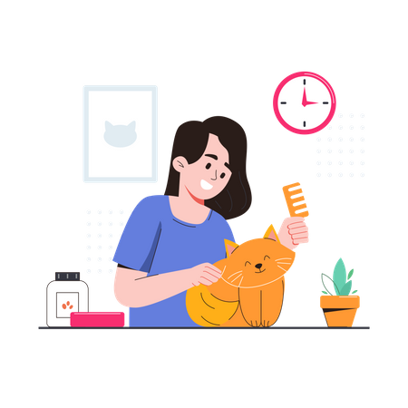 Menina mimando seu gato de estimação  Ilustração