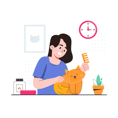 Menina mimando seu gato de estimação  Ilustração