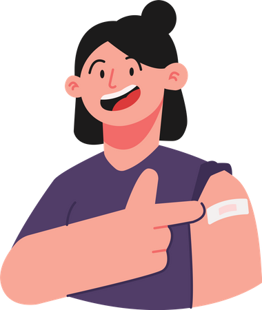Menina mostrando curativo no braço após vacinação  Ilustração
