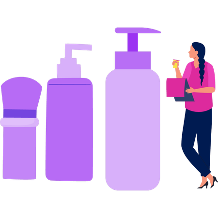 Garota mostrando diferentes produtos para cuidados com a pele  Ilustração