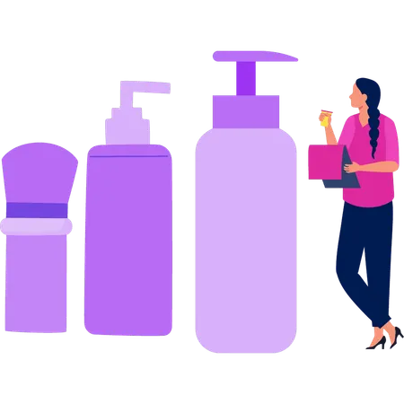 Garota mostrando diferentes produtos para cuidados com a pele  Ilustração