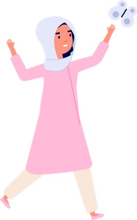 Menina muçulmana brincando com borboleta  Ilustração