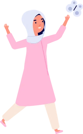Menina muçulmana brincando com borboleta  Ilustração