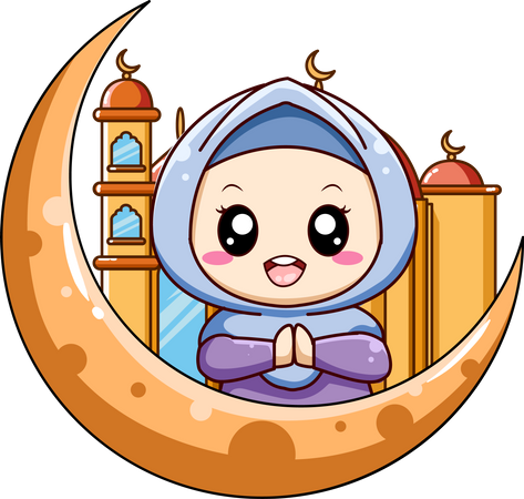 Menina muçulmana com lua e mesquita  Ilustração