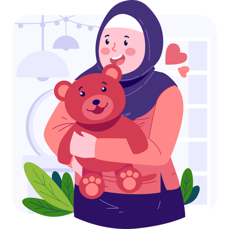 Menina muçulmana com ursinho de pelúcia  Ilustração