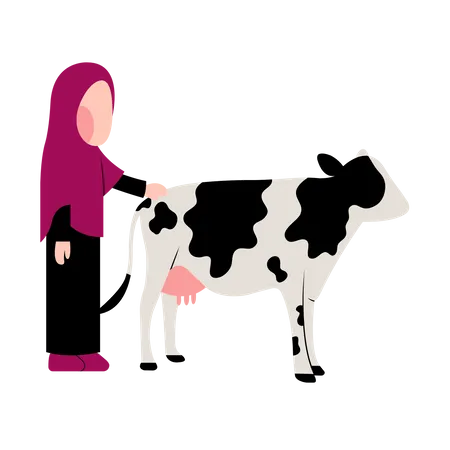 Crianca Hijab Com Vaca Ilustração