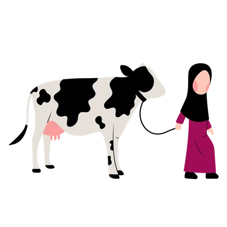 Crianca Hijab Com Vaca Ilustração