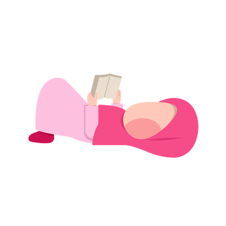 Menina muçulmana deitada enquanto lê o livro do Alcorão  Ilustração