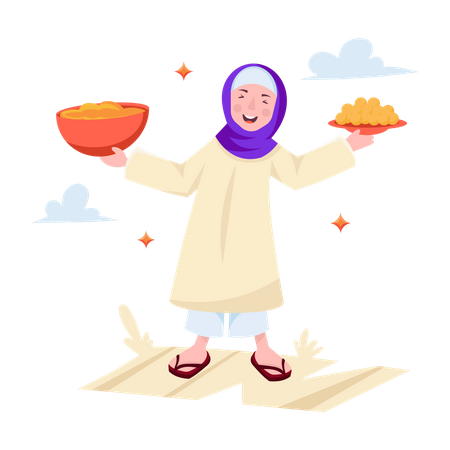 Menina muçulmana segurando o prato de comida Eid  Ilustração