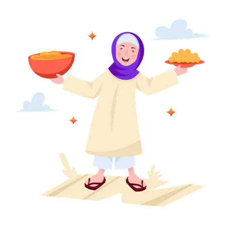 Menina muçulmana segurando o prato de comida Eid  Ilustração