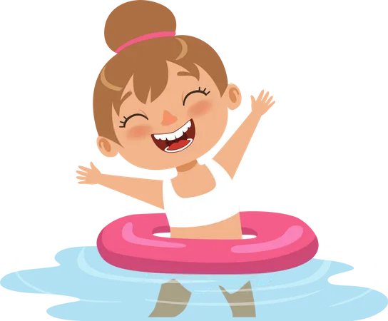 Menina nadando usando anel inflável  Ilustração