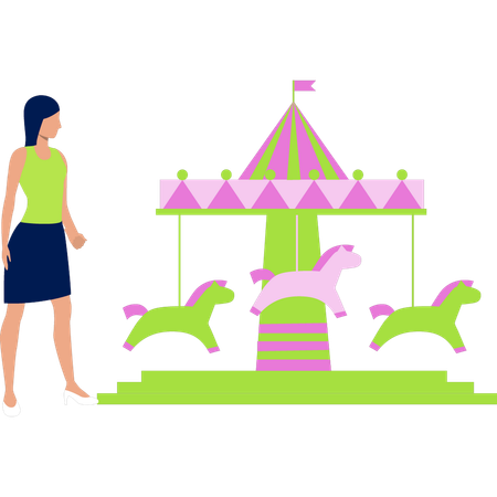 Menina observando crianças balançando a cavalo  Ilustração