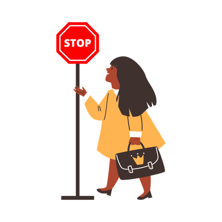 Menina olha para um sinal de parada  Ilustração