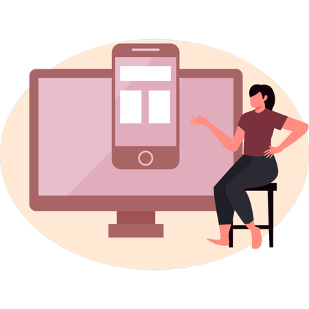 Menina olhando gráfico 3D no monitor  Illustration