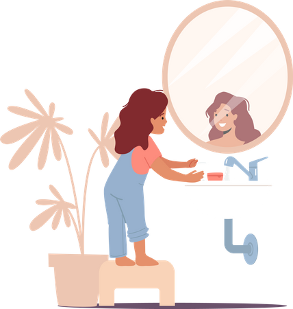 Menina olhando no espelho no banheiro  Ilustração