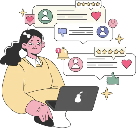 Menina procurando avaliação de cliente online  Ilustração