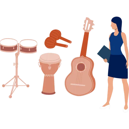 Menina olhando para instrumentos musicais  Ilustração