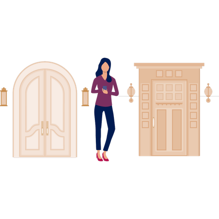 Menina olhando design de porta  Ilustração