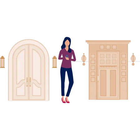 Menina olhando design de porta  Ilustração